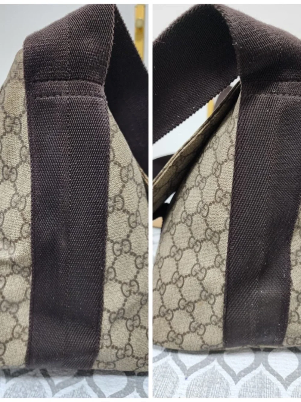 Authentic GUCCI GG Plus Monogram Double Buckle Flap Messenger Bag Beige/Brown